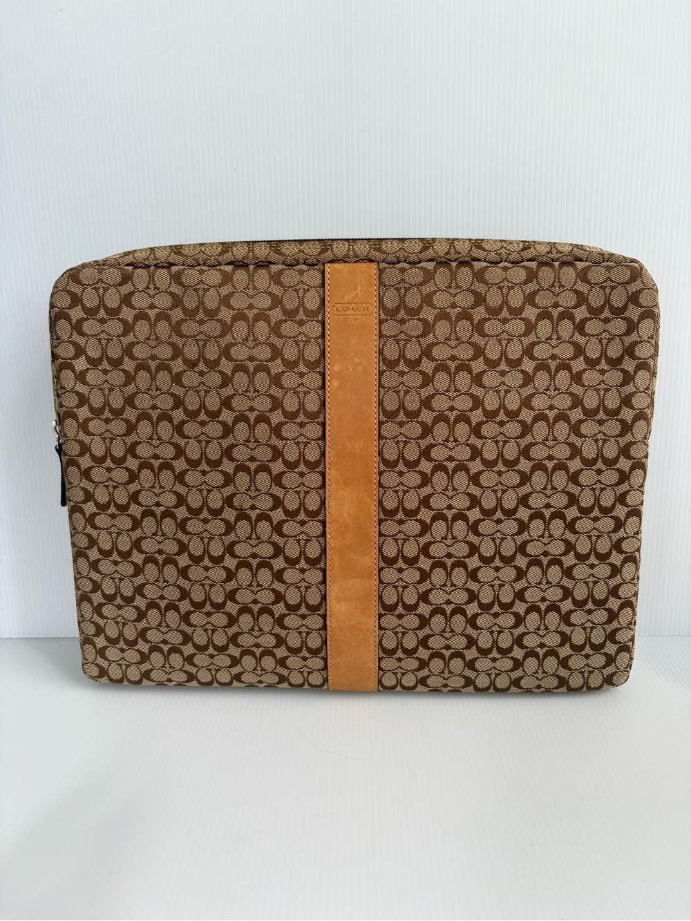Coach Brown Signature Canvas Laptop Sleeve with Tan Stripe